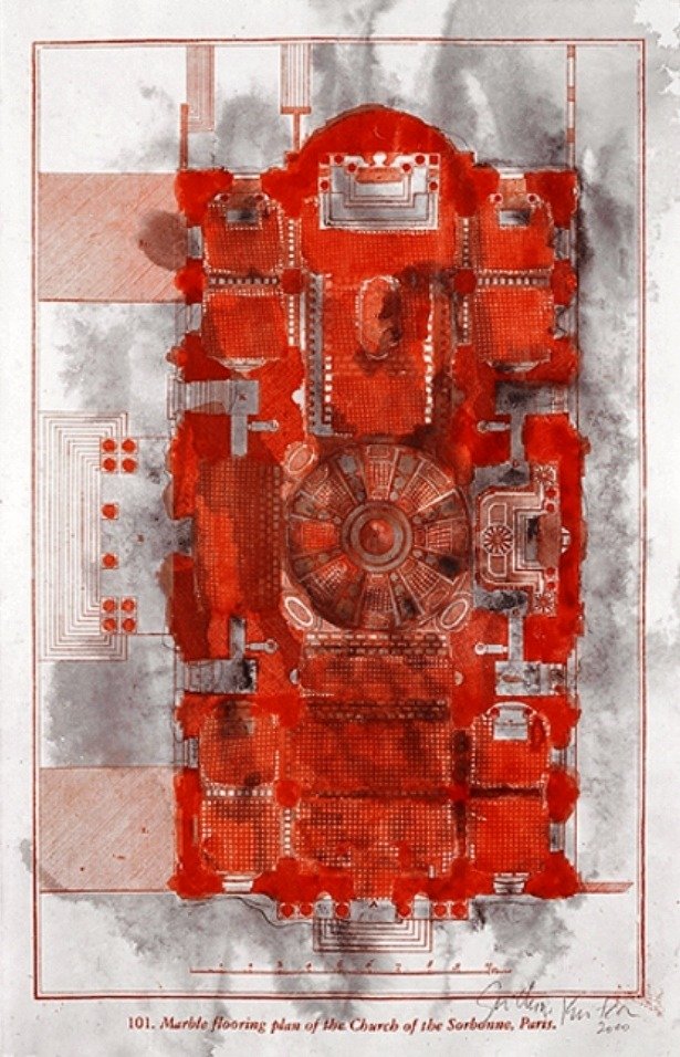 2009 Sin título (Planta de mármol de la Iglesia de la Sorbona, París) (técnica mixta sobre papel 52 x 37,8 cm Colección Privada